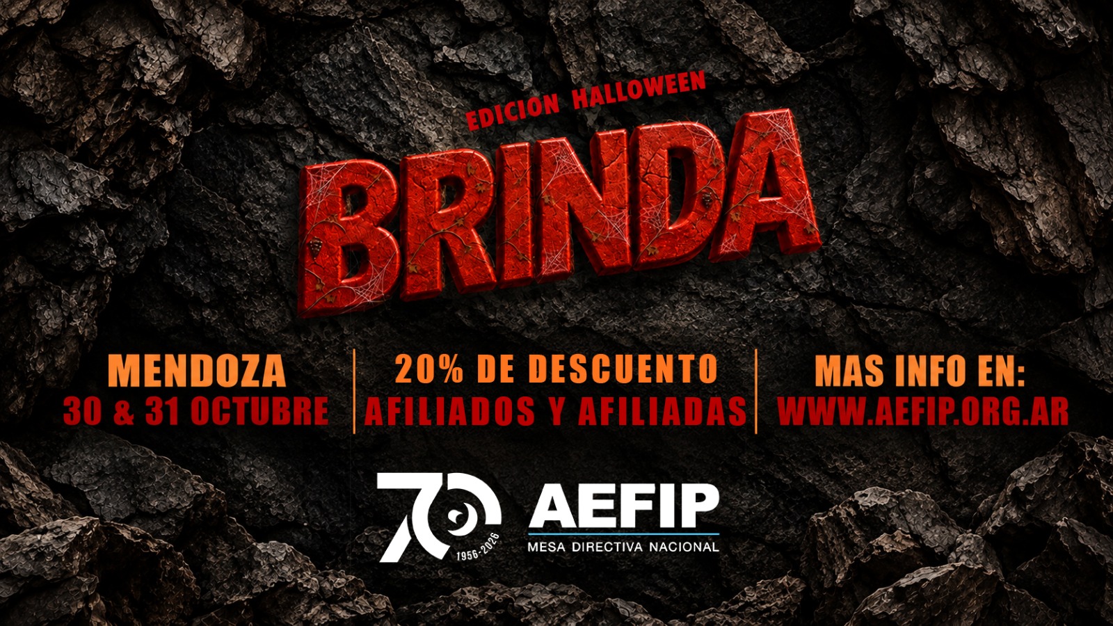 BRINDA Edición Halloween. Mendoza, 30 y 31 de octubre. 20% de descuento para afiliados y afiliadas AEFIP.